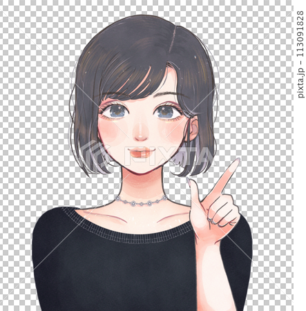 ボブヘアのオシャレな女性が指差しで説明するイラスト ボブヘアのオシャレな女性が指差しで説明するイラスト 113091828