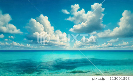 夏の雲と水平線に広がる青い海 夏の雲と水平線に広がる青い海 113091898