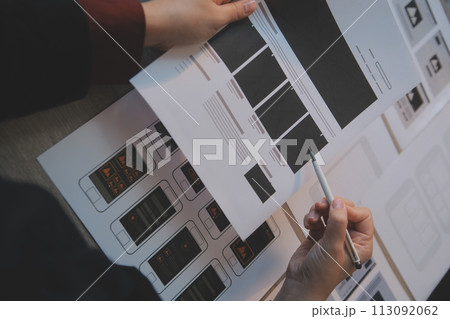 UX UI design process for modish mobile application and website . Creative prototype of wireframe for professional app developer . 113092062