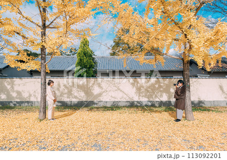 紅葉したイチョウの木と浴衣のカップル 紅葉したイチョウの木と浴衣のカップル 113092201