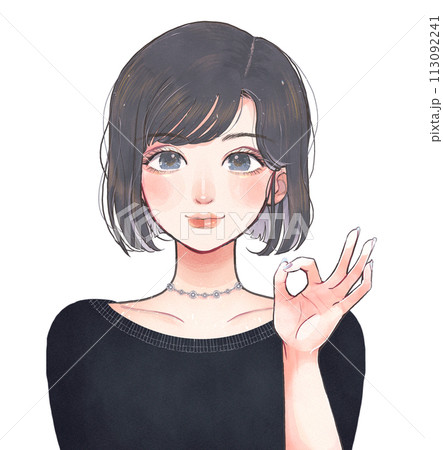 おしゃれな黒髪私服の女の子がOKサインをするイラスト おしゃれな黒髪私服の女の子がOKサインをするイラスト 113092241