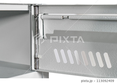 Fragment of the door of metal lockers for locker room. Change room metal locker box on the white background isolated. Fragment of the door of metal lockers for locker room. Change room metal locker box on the white background isolated. 113092409