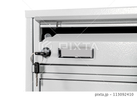Fragment of the door of metal lockers for locker room. Change room metal locker box on the white background isolated. 113092410