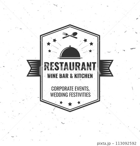 Restaurant shop, menu logo. Vector Illustration. Vintage graphic design for logotype, label, badge with cloche with lid, fork and knife. Cooking, cuisine logo for menu restaurant or cafe. Restaurant shop, menu logo. Vector Illustration. Vintage graphic design for logotype, label, badge with cloche with lid, fork and knife. Cooking, cuisine logo for menu restaurant or cafe. 113092592