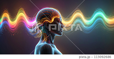 Colorful and illustrative representation of an individual who perceives his environment and processes stimuli through different sensory perceptions and different external stimuli 113092686