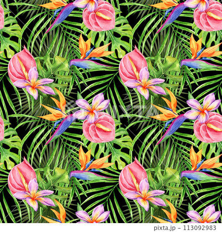 Tropical flowers and leaves seamless pattern. Exotic floral background. Botanical endless backdrop. Digital paper, scrapbooking. Perfect for wrapping, packaging, fabric, textile 113092983