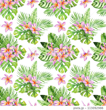 Tropical flowers and leaves seamless pattern. Exotic floral background. Botanical endless backdrop. Digital paper, scrapbooking. Perfect for wrapping, packaging, fabric, textile Tropical flowers and leaves seamless pattern. Exotic floral background. Botanical endless backdrop. Digital paper, scrapbooking. Perfect for wrapping, packaging, fabric, textile 113092986