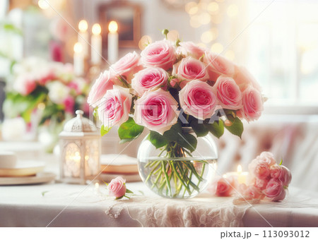 A delicate bouquet of pink roses in a round glass vase. Congratulatory background for any holiday 113093012