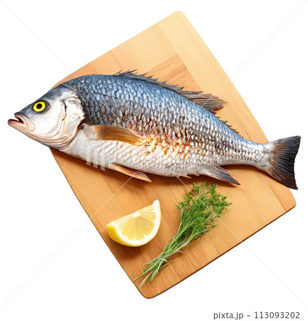 A side view of a grilled whole fish, showcasing its crispy skin and flaky flesh, 113093202