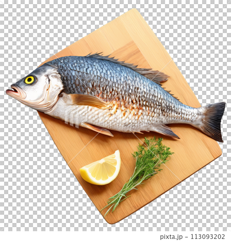 A side view of a grilled whole fish, showcasing its crispy skin and flaky flesh, A side view of a grilled whole fish, showcasing its crispy skin and flaky flesh, 113093202