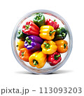 A mix of fresh, colorful bell pepper slices in a round glass container, photographed from the side, 113093203