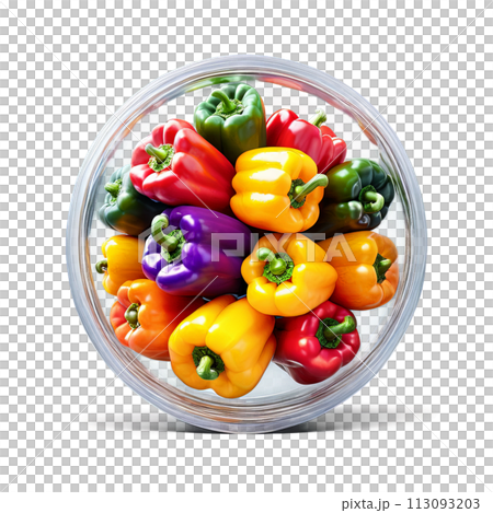 A mix of fresh, colorful bell pepper slices in a round glass container, photographed from the side, A mix of fresh, colorful bell pepper slices in a round glass container, photographed from the side, 113093203