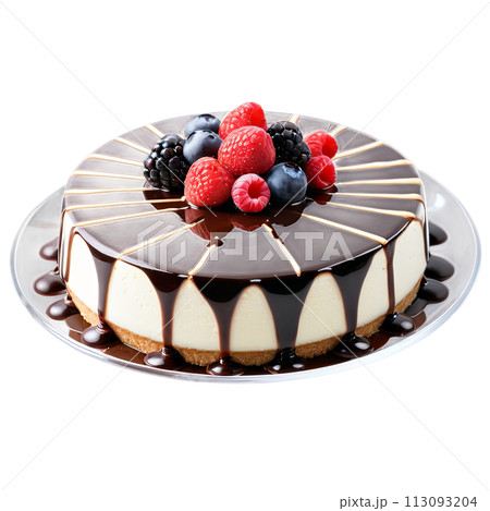 cheesecake in a round, clear glass dish, topped with fresh berries 113093204