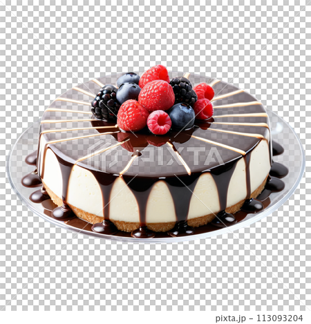 cheesecake in a round, clear glass dish, topped with fresh berries cheesecake in a round, clear glass dish, topped with fresh berries 113093204