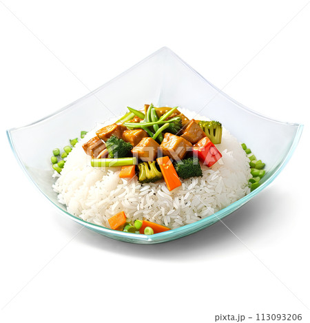 A flavorful and aromatic stir-fry in a square glass dish, garnished with sliced scallions 113093206