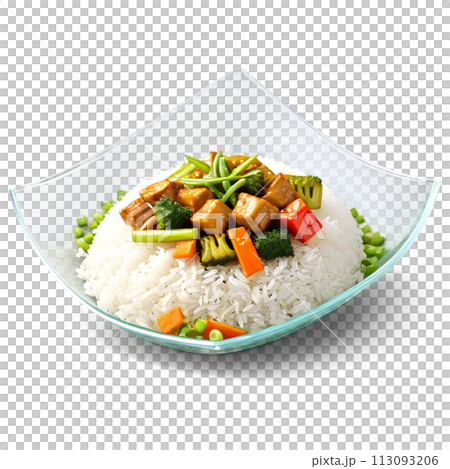 A flavorful and aromatic stir-fry in a square glass dish, garnished with sliced scallions 113093206