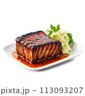 A flavorful and aromatic BBQ rib in a square glass dish, garnished with fresh herbs 113093207