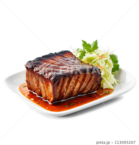 A flavorful and aromatic BBQ rib in a square glass dish, garnished with fresh herbs 113093207