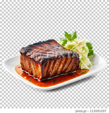 A flavorful and aromatic BBQ rib in a square glass dish, garnished with fresh herbs 113093207