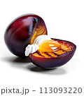 A delicious grilled plum half, drizzled with honey and topped with a dollop of whipped cream, 113093220