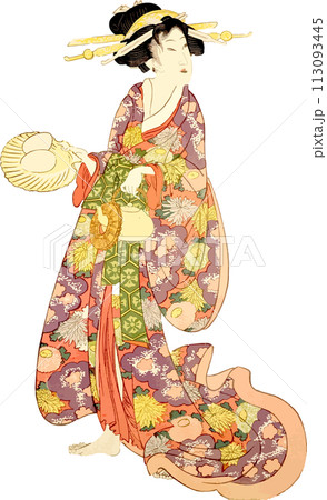 お茶とおやつのゆで卵をホタテガイの貝殻に乗せて運ぶ遊女 お茶とおやつのゆで卵をホタテガイの貝殻に乗せて運ぶ遊女 113093445