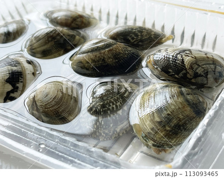 春の味覚　パック詰めされた獲れたて新鮮な浅利の貝 113093465