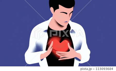 Man holding his heart in his hand taking care of heart health and protecting his heart 113093684