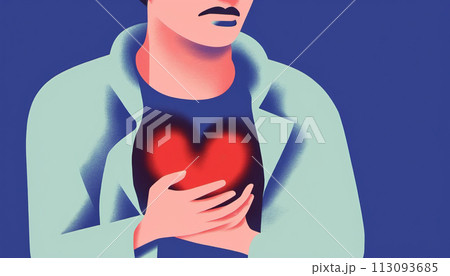 Man holding his heart in his hand taking care of heart health and protecting his heart 113093685