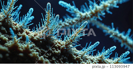 Microscopic magnification of growing molds or mold fungus and spores - ai generated 113093947