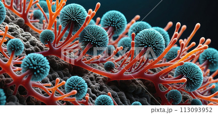 Microscopic magnification of growing molds or mold fungus and spores - ai generated 113093952