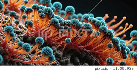 Microscopic magnification of growing molds or mold fungus and spores - ai generated 113093958