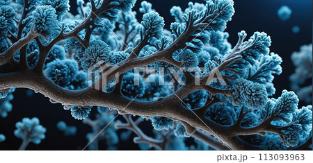 Microscopic magnification of growing molds or mold fungus and spores - ai generated 113093963
