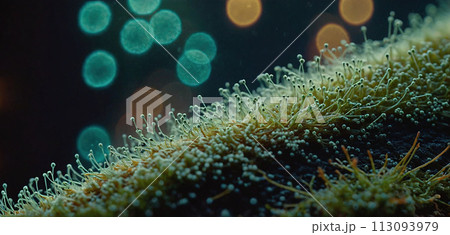 Microscopic magnification of growing molds or mold fungus and spores - ai generated 113093979