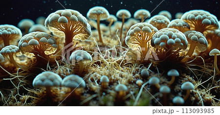 Microscopic magnification of growing molds or mold fungus and spores - ai generated 113093985