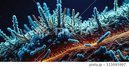 Microscopic magnification of growing molds or mold fungus and spores - ai generated 113093997