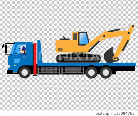 A woman driving a self-loader loaded with an excavator 113094763