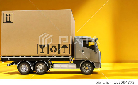 Large Cardboard Box Package on a Gray Truck Ready to be Delivered - Generative Ai Large Cardboard Box Package on a Gray Truck Ready to be Delivered - Generative Ai 113094875