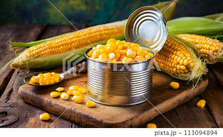 Preserved Sweetcorn in an Open Can and Ripe Corn Cobs - Generative Ai 113094894