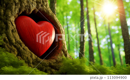 Red Heart Carved Into a Tree Trunk in a Green Forest - Generative Ai 113094900