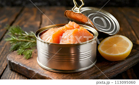Closeup of a Salmon Fish Fillet in an Open Can - Generative Ai 113095060