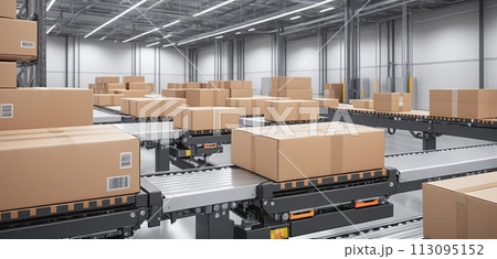Cardboard boxes on conveyor belts and rows of boxes in a distribution warehouse - ai generated 113095152