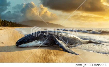 Dead Humpback Whale Beached on a Sandy Beach - Generative Ai 113095335