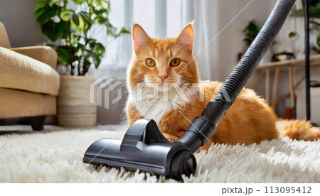 Vacuum Cleaner and a Ginger Cat on a White Carpet in a Living Room - Generative Ai 113095412