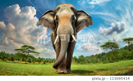 Wild Indian Elephant Walking on Green Grass Field Near the Forest - Generative Ai 113095414