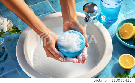Woman Washes his Hands with a Blue Soap Over a White Sink - Generative Ai 113095416