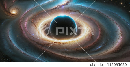 A black hole with a glowing Swirl of various colored nebulae attracting and sucking in light and matter revolves in universe far in the outer space A black hole with a glowing Swirl of various colored nebulae attracting and sucking in light and matter revolves in universe far in the outer space 113095620