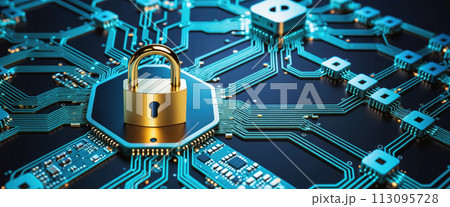 Protecting data and maintaining Privacy with security concept - padlock on computer circuit board - ai genrated 113095728