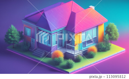 Isometric view of a detached single-family house in very colorful color combinations of the eighties - ai generated 113095812