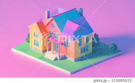 Isometric view of a detached single-family house in very colorful color combinations of the eighties - ai generated 113095813
