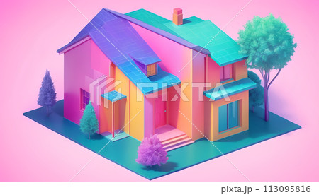 Isometric view of a detached single-family house in very colorful color combinations of the eighties - ai generated 113095816